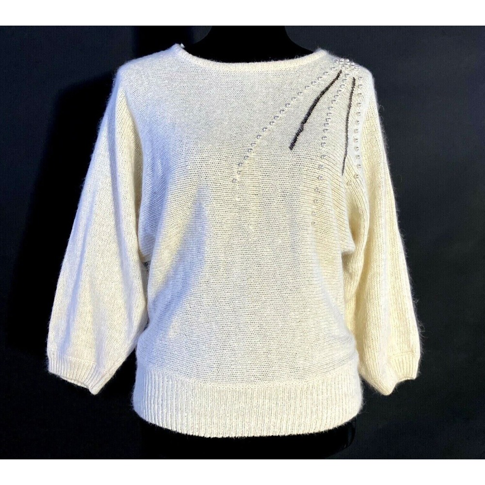 VTG Margules Sweater MED Soft Silk‎ Angora Off White Pearl Bead Dolman Sl Dressy